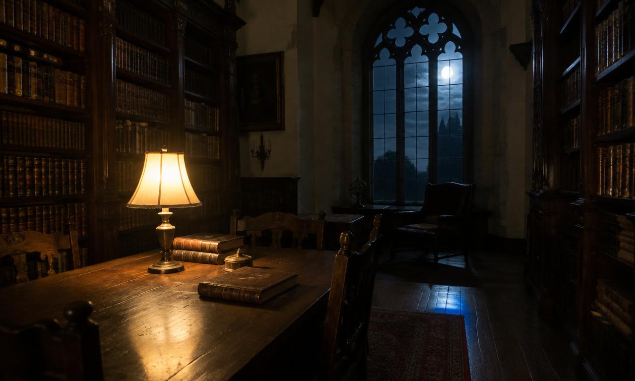 La bibliothèque du château à la lampe basse, quand les reliures dorées attendent que minuit passe.