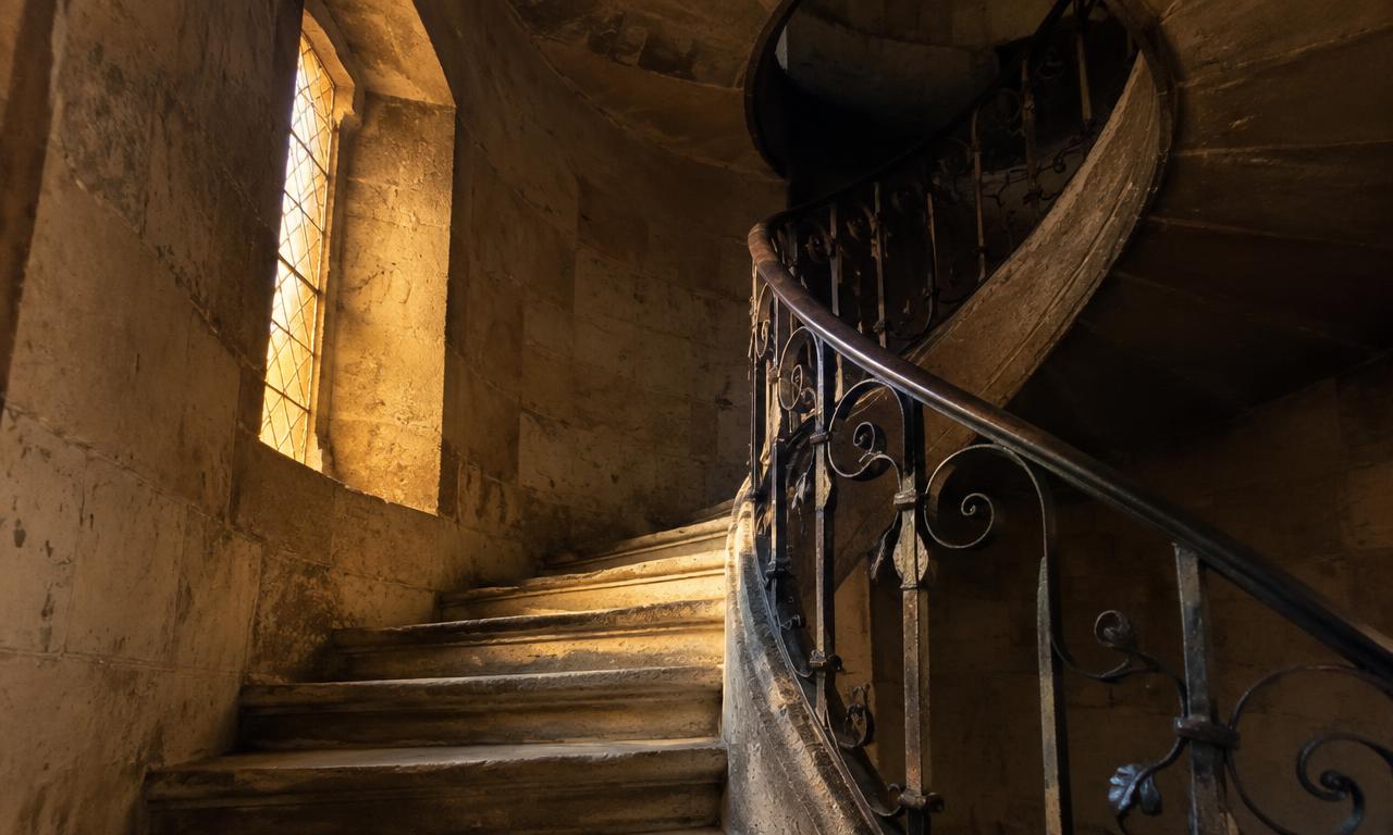 Le grand escalier de pierre, quand la lumière du matin remonte les marches une à une.